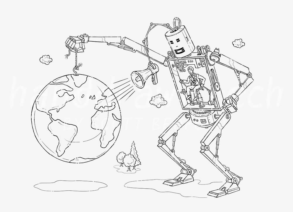 Robot holds up the earth and broadcasts to it using a megaphone
