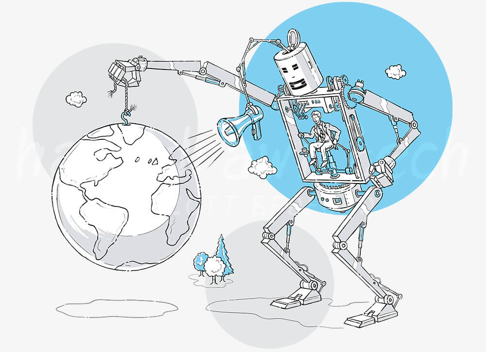 Robot holds up the earth and broadcasts to it using a megaphone